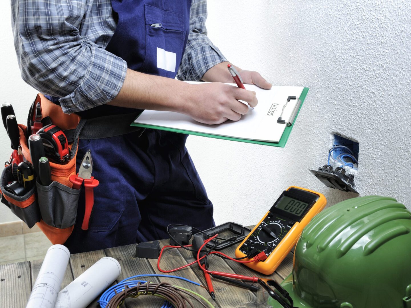 Electrician writing on a clipboard near a wall socket, with tools, a digital multimeter, and a green hard hat on a table.